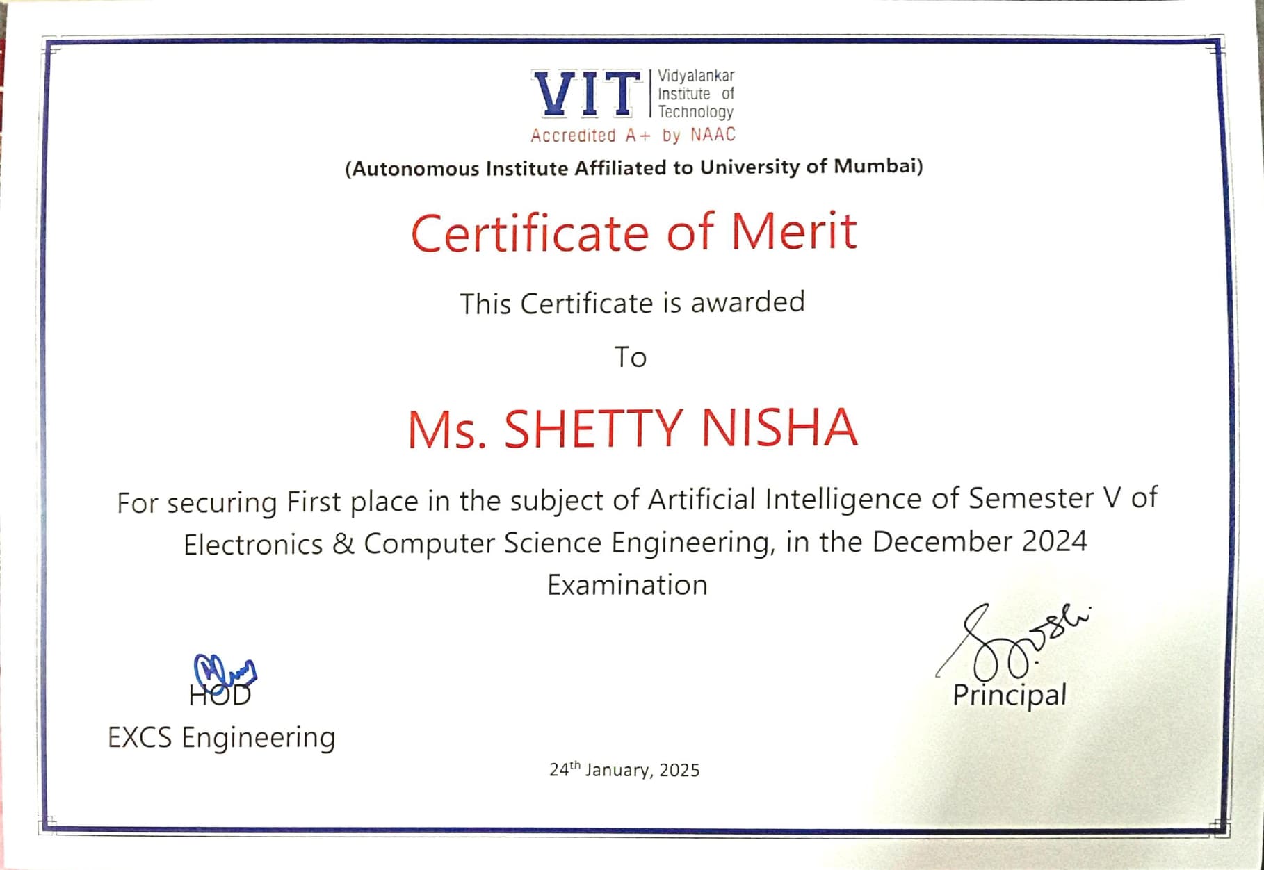 Certificate of Merit - Artificial Intelligence (Sem V)